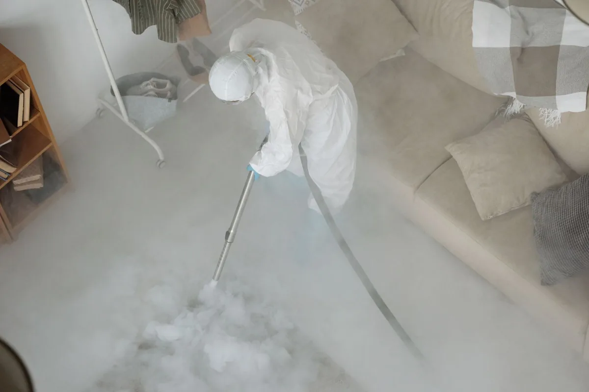 Biohazard cleanup technician in protective equipment, Rocklin, CA